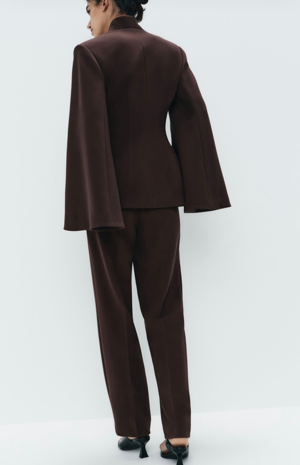 Dark brown tailored straight fit trousers back view high waist formal pants Kochila Couture
