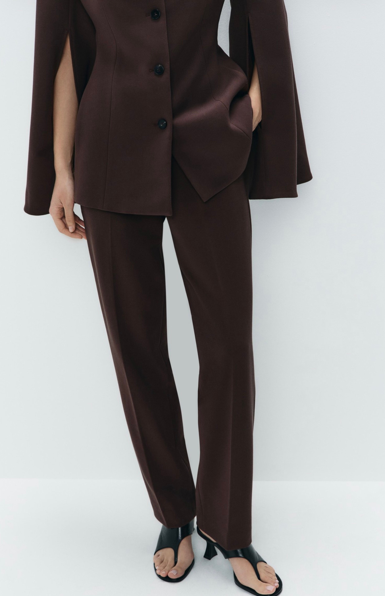 Dark brown tailored straight fit trousers front view high waist formal pants Kochila Couture