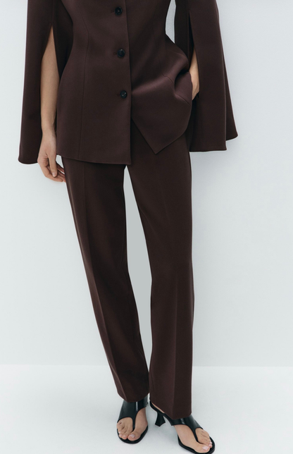 Dark brown tailored straight fit trousers front view high waist formal pants Kochila Couture