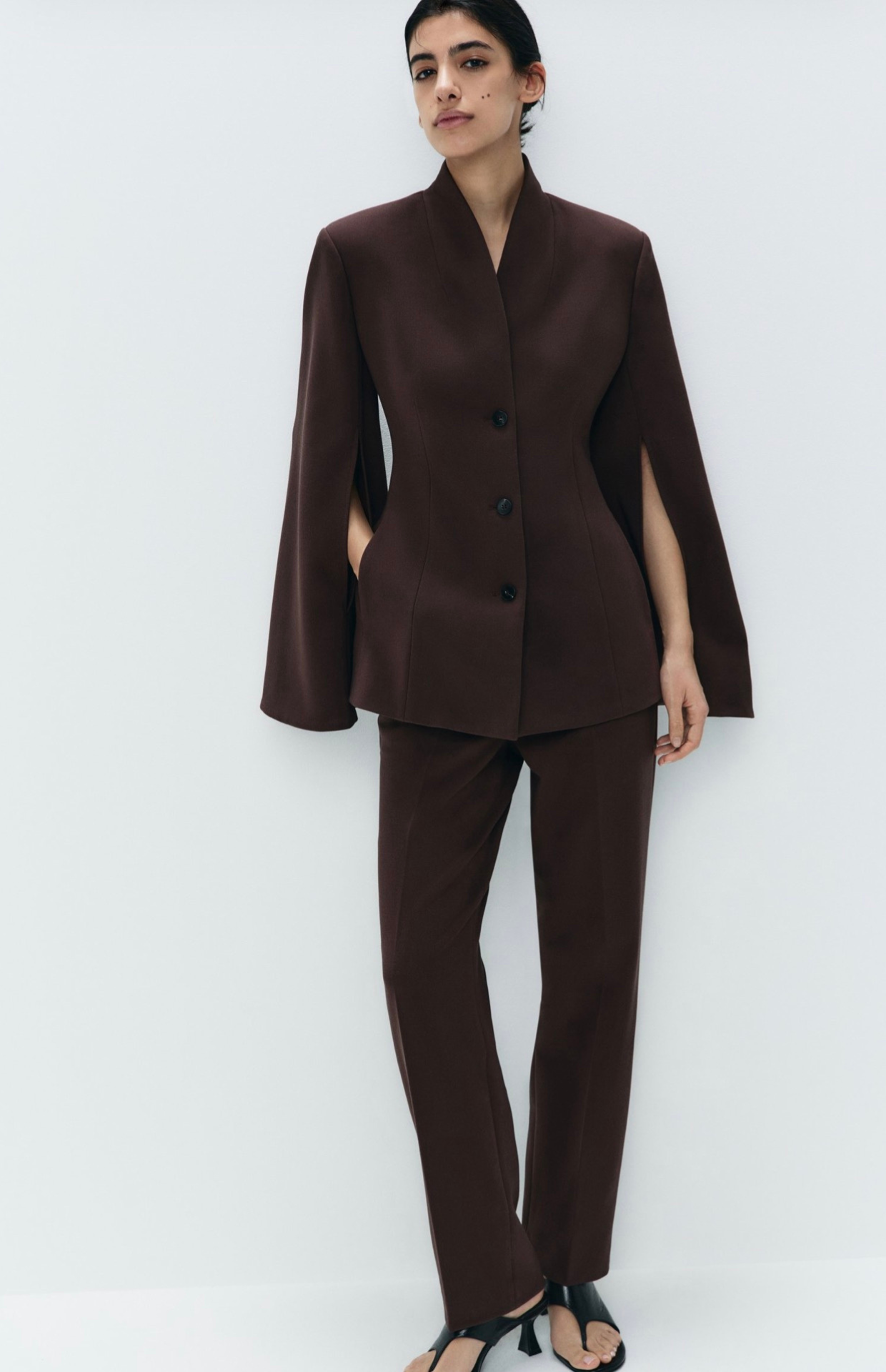 Dark brown tailored straight fit trousers front view high waist formal pants Kochila Couture
