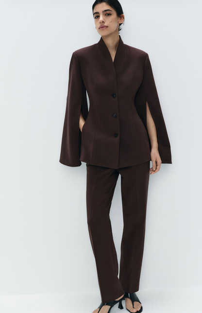 Dark brown tailored straight fit trousers front view high waist formal pants Kochila Couture