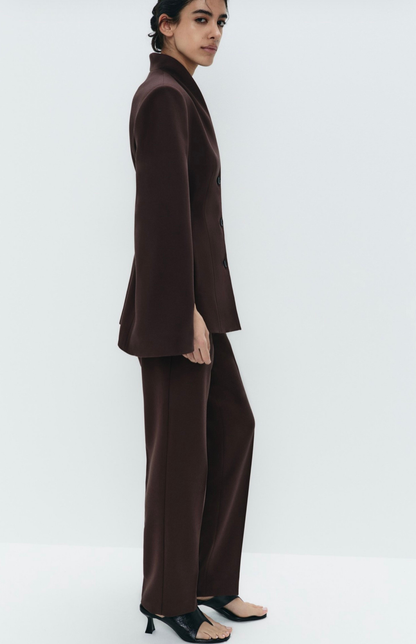 Dark brown tailored straight fit trousers side view high waist formal pants Kochila Couture