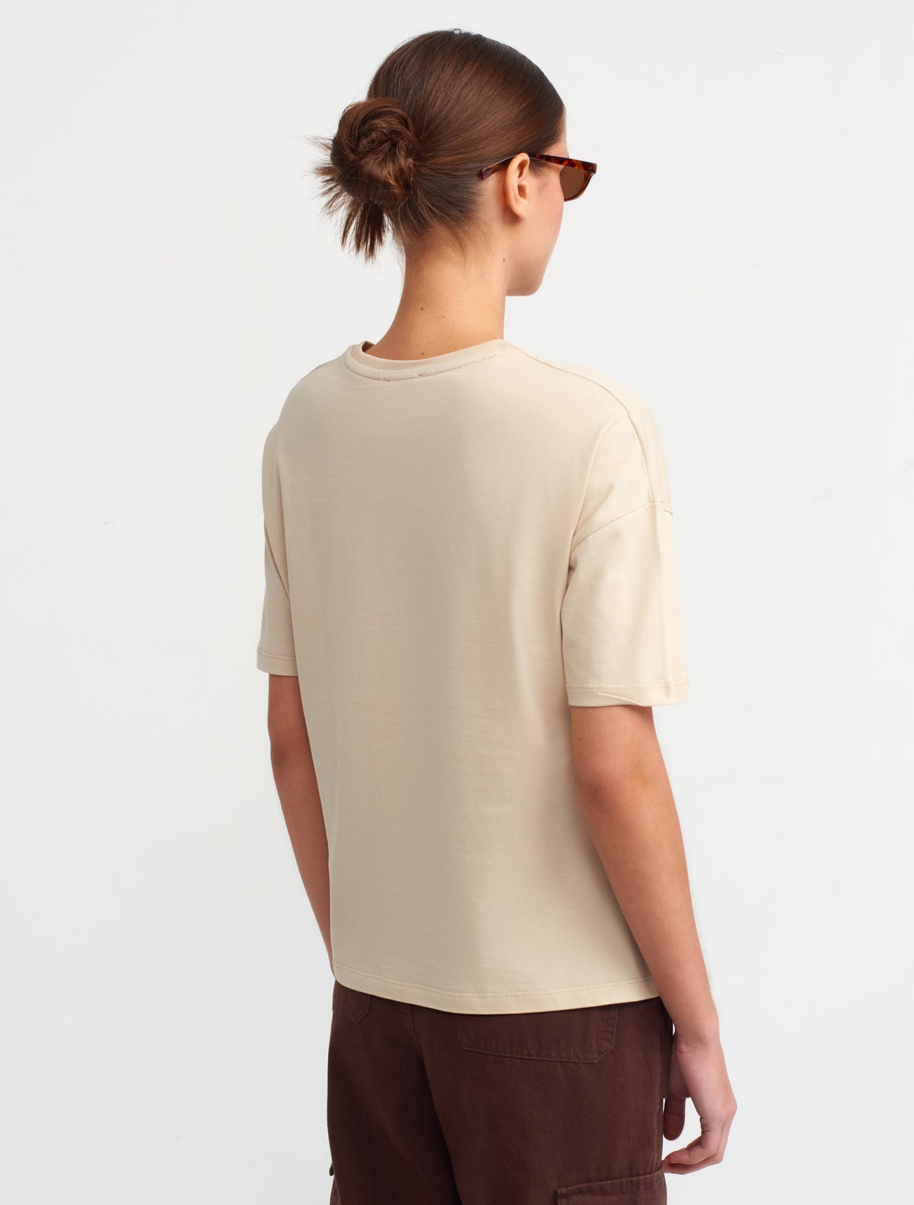 light-beige-cotton-t-shirt, classic-round-neck-tee, regular-fit-casual-t-shirt, slightly-stretchable cotton-tee, everyday-wear-T-Shirt