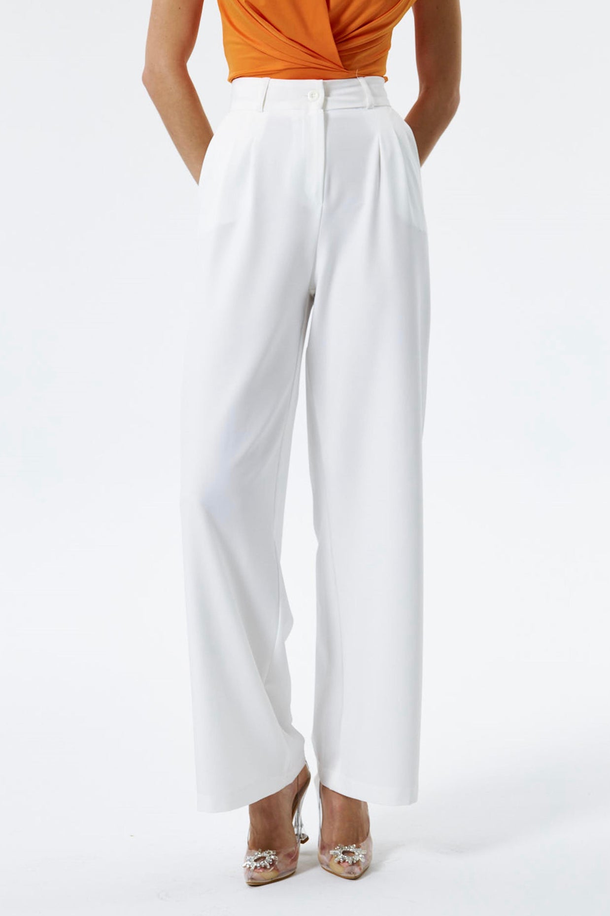 White Wide Leg Pleated Trousers