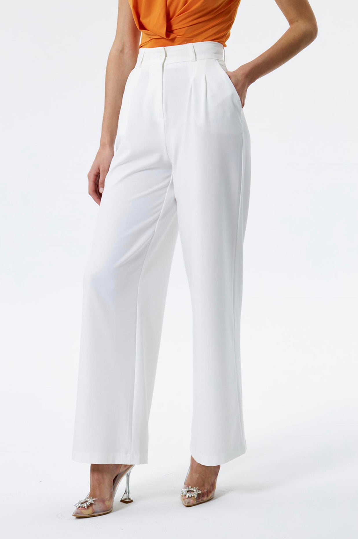 White Wide Leg Pleated Trousers