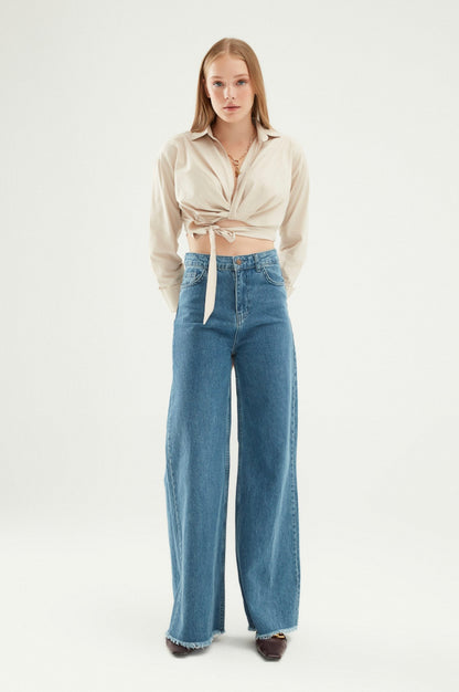 Light Blue Raw Hem Flared Jeans