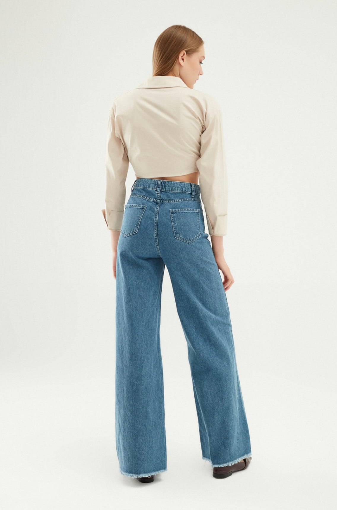 Light Blue Raw Hem Flared Jeans