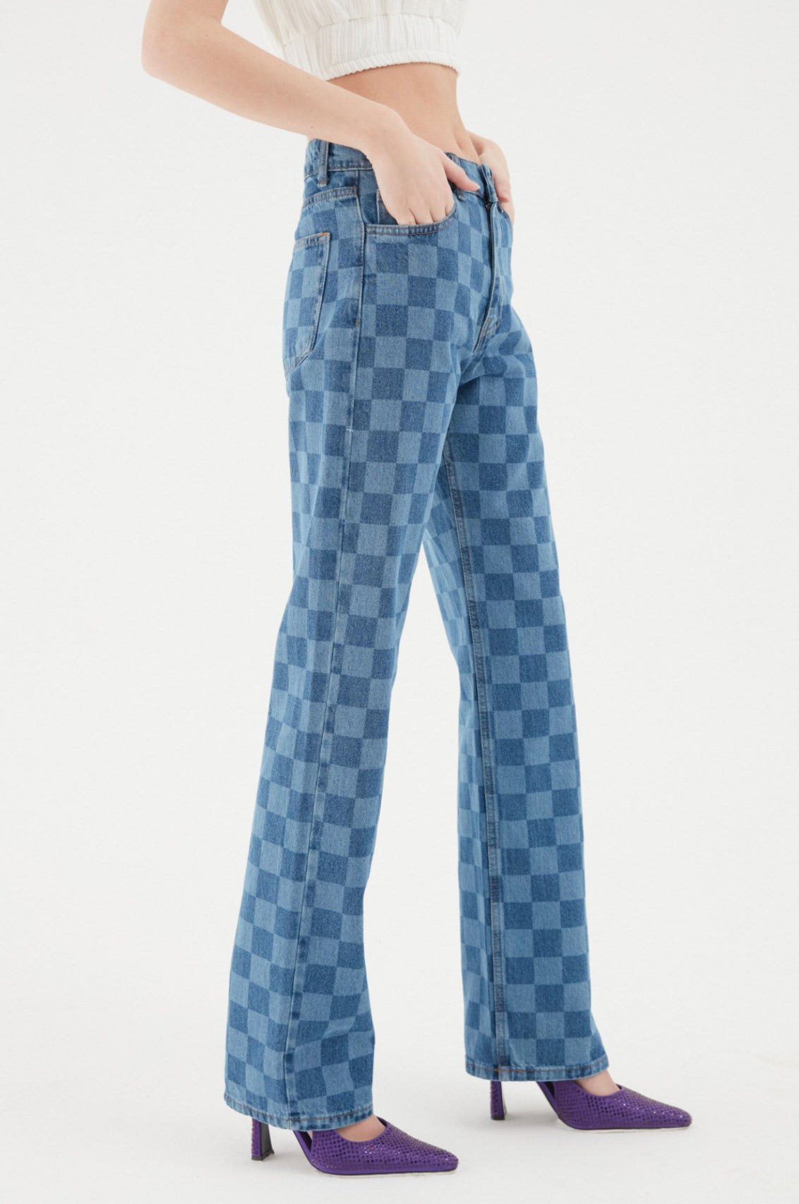 Mid Blue Block Printed Jeans