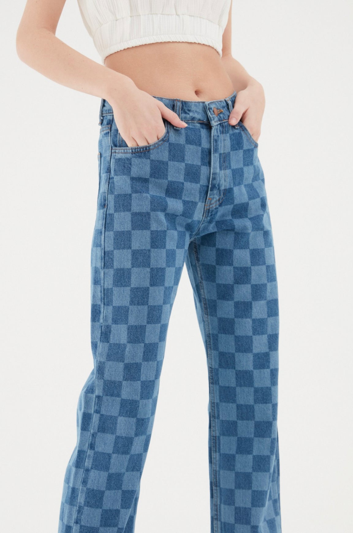 Mid Blue Block Printed Jeans