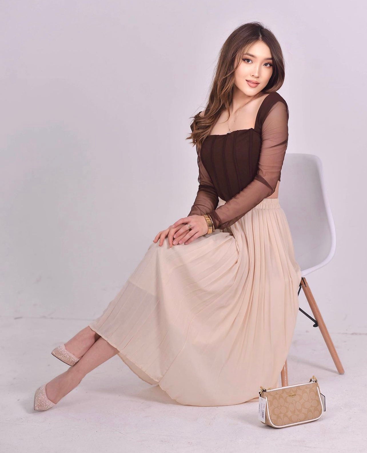 Beige Pleated A Line Skirt