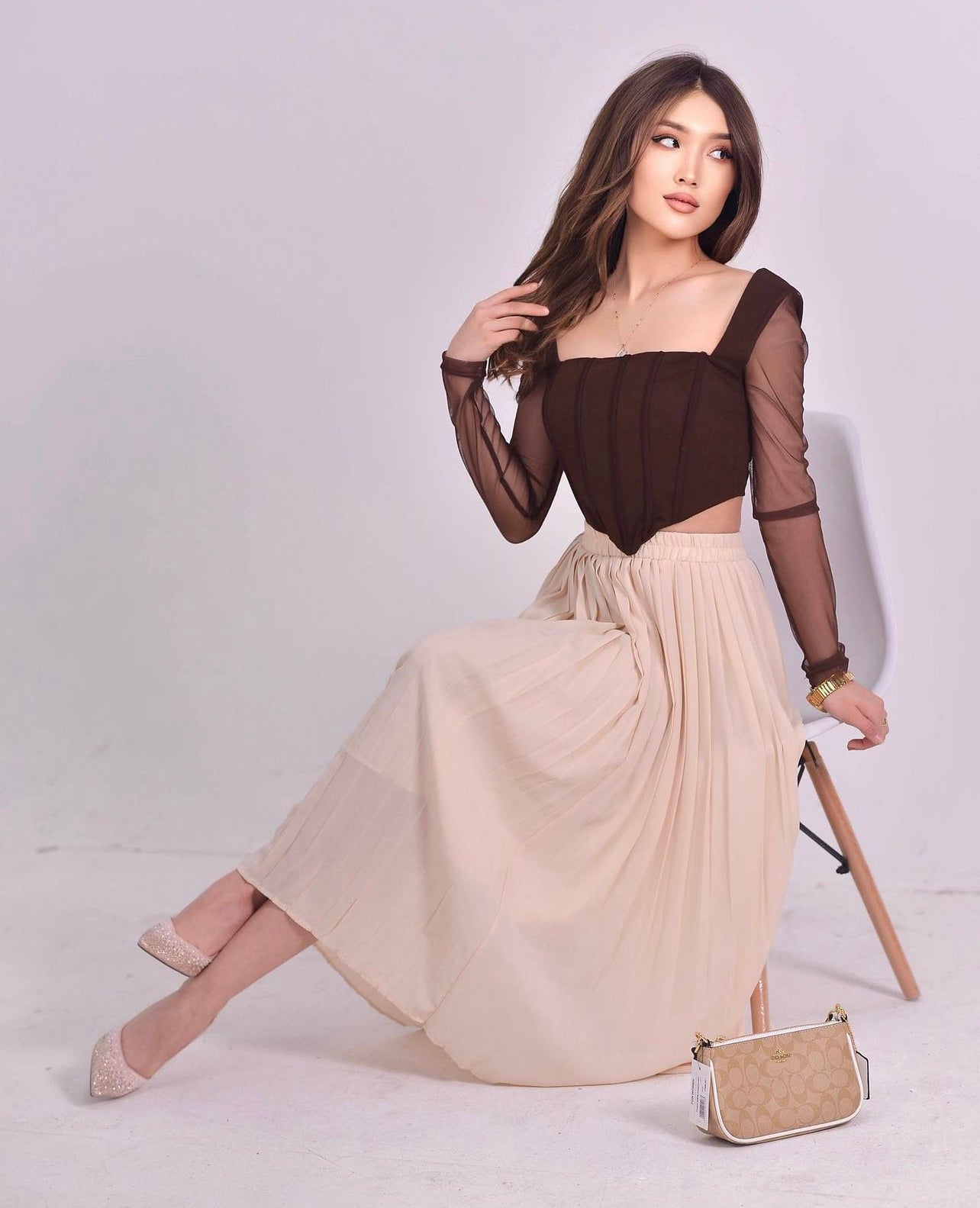 Beige Pleated A Line Skirt