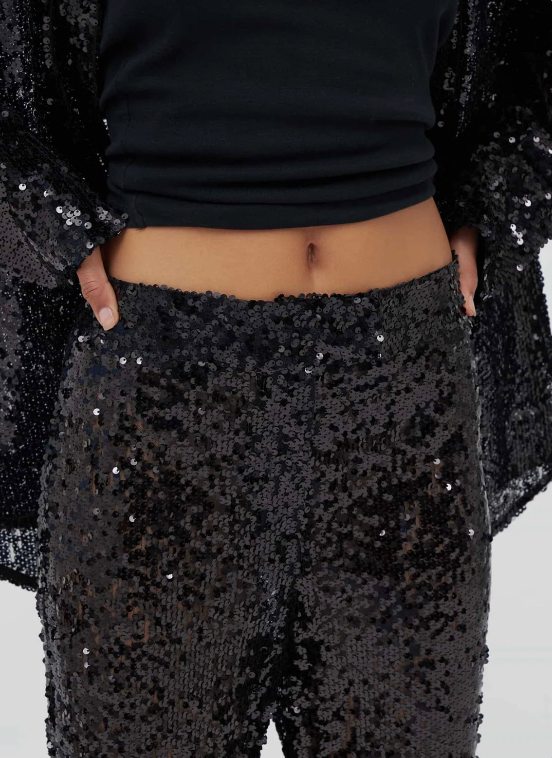 Black Sequin Straight Trousers