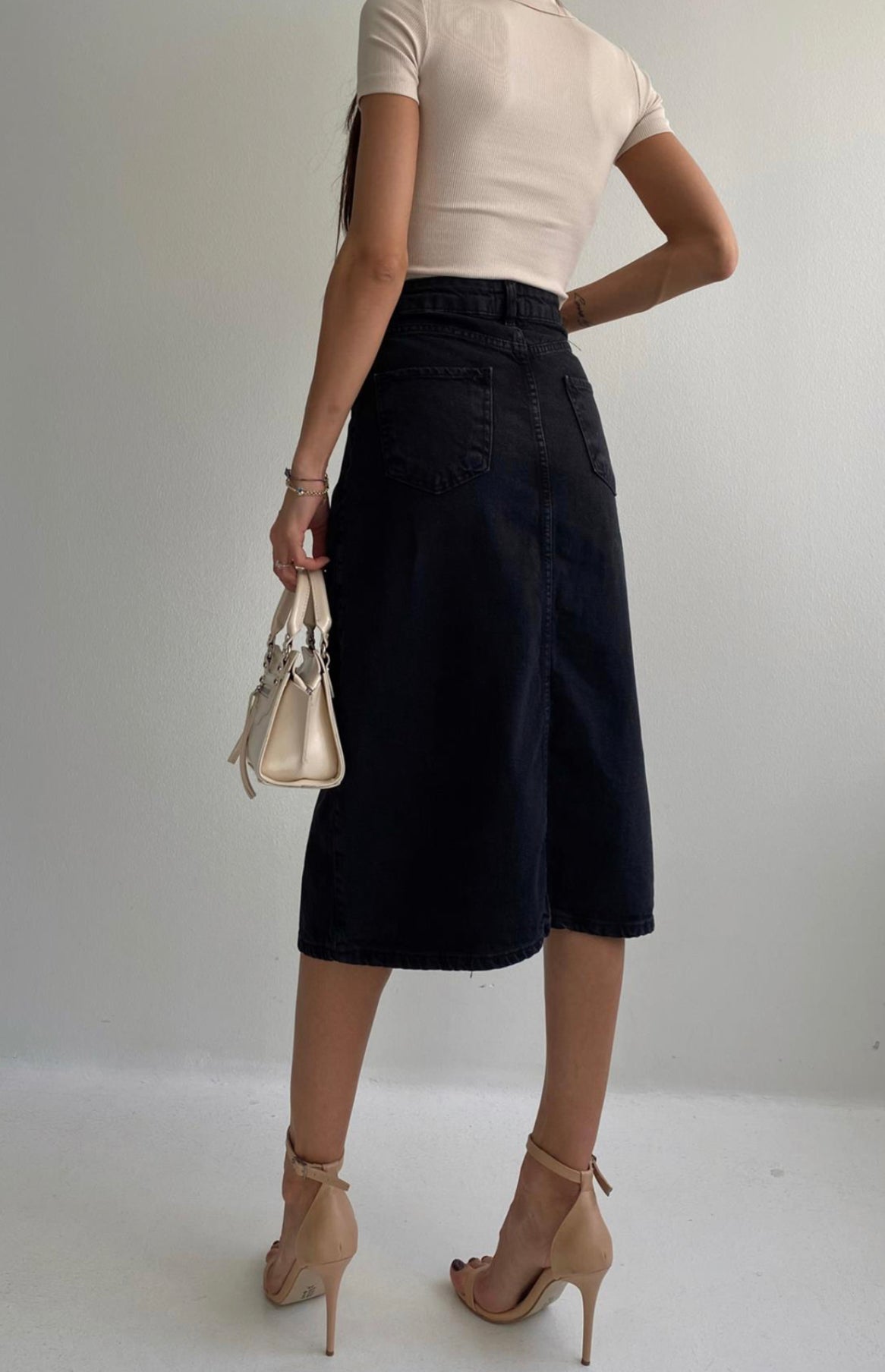 Black Front Slit Denim Skirt