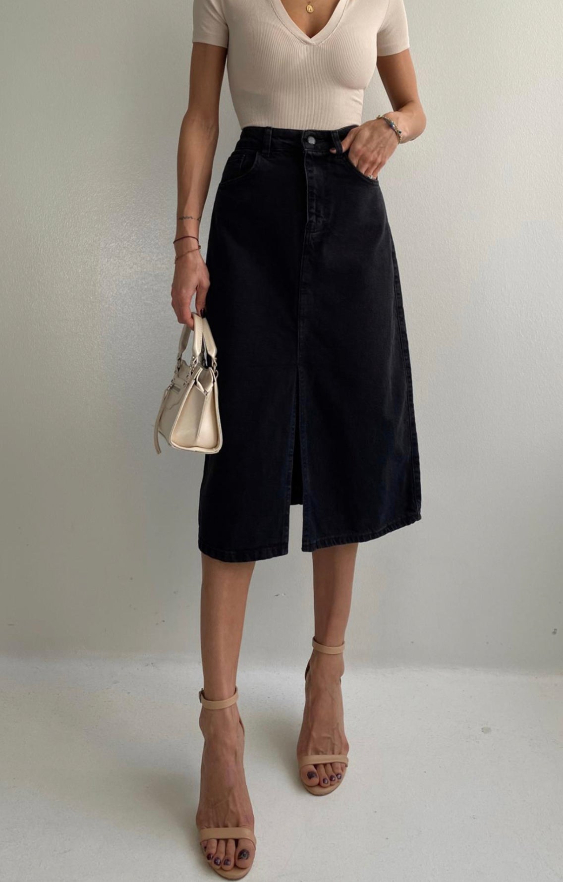 Black Front Slit Denim Skirt