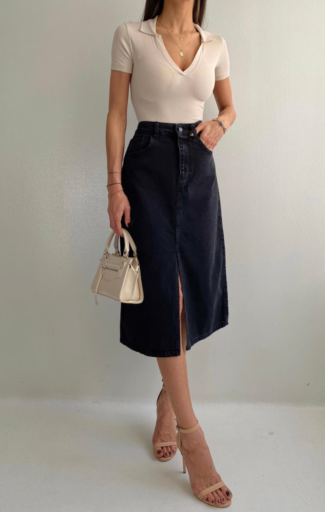 Black Front Slit Denim Skirt