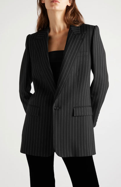 Black Pinstriped Single Breasted Blazer