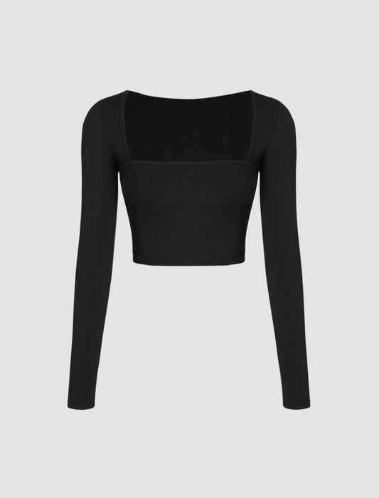 Black Ribbed Square Neck Top