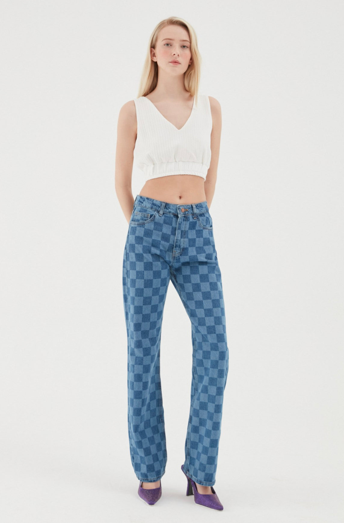 Mid Blue Block Printed Jeans