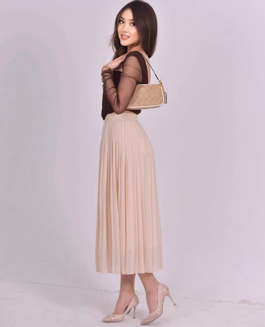 Beige Pleated A Line Skirt