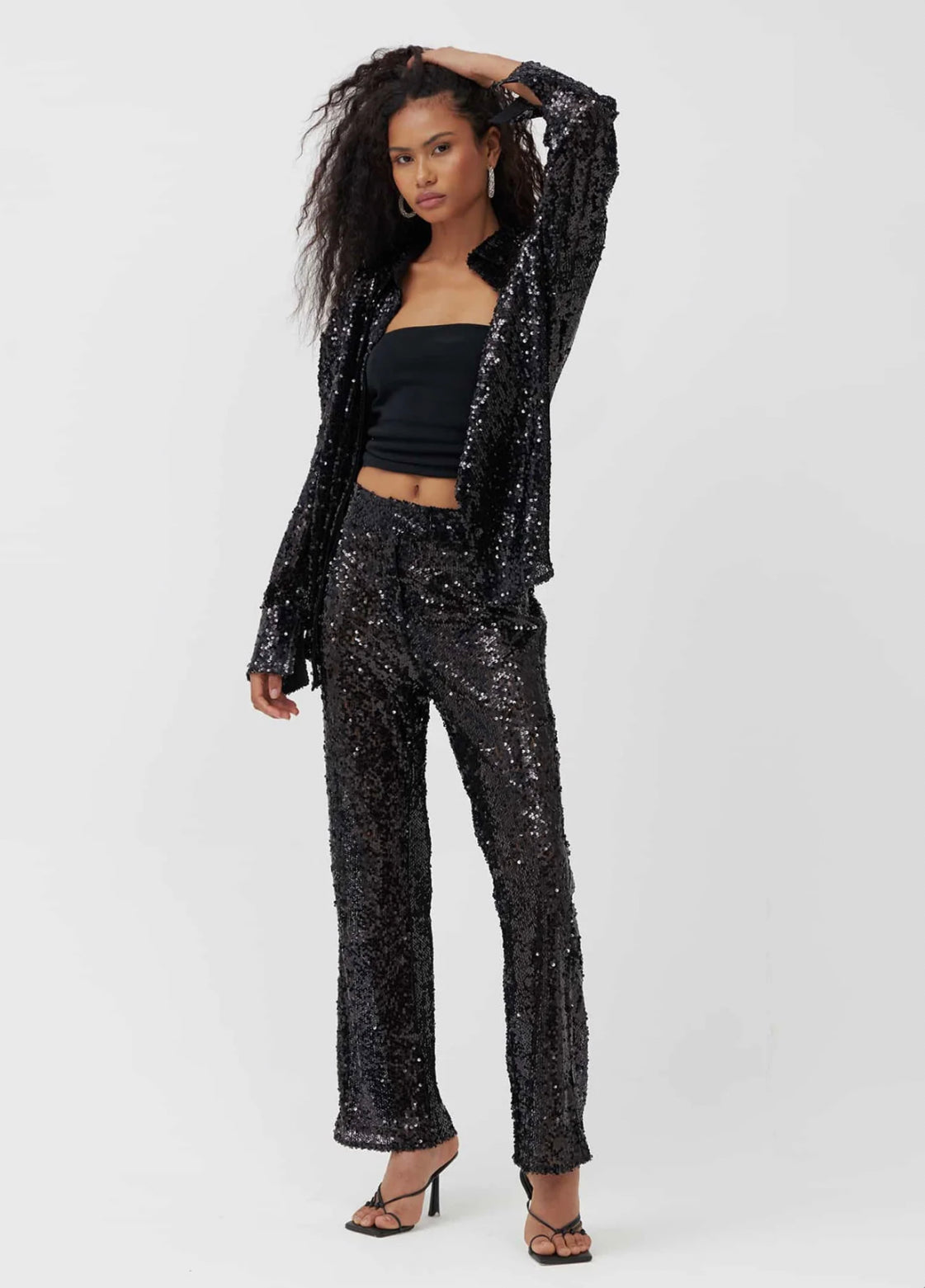 Black Sequin Straight Trousers